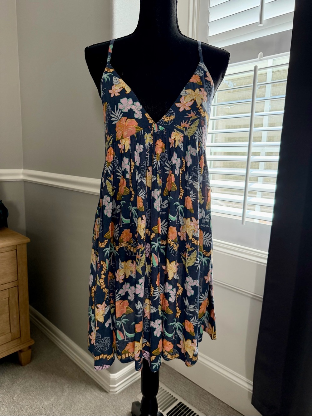 O'Neill Navy Floral V-Neck Spaghetti Strap Mini Dress Coverup